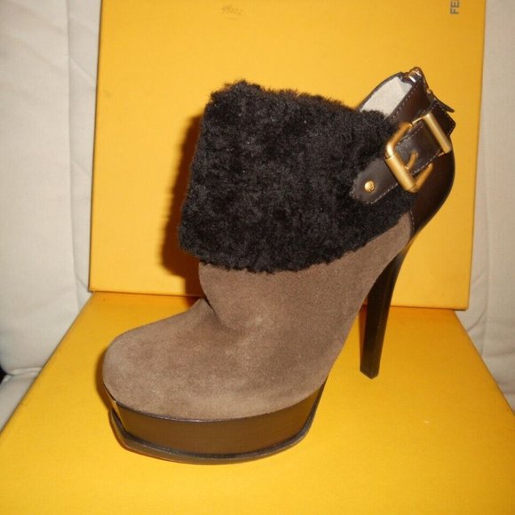 FENDI Fendista Shearling Fur Brown Suede Buckle Platform Ankle Boots - Picture 5 of 12